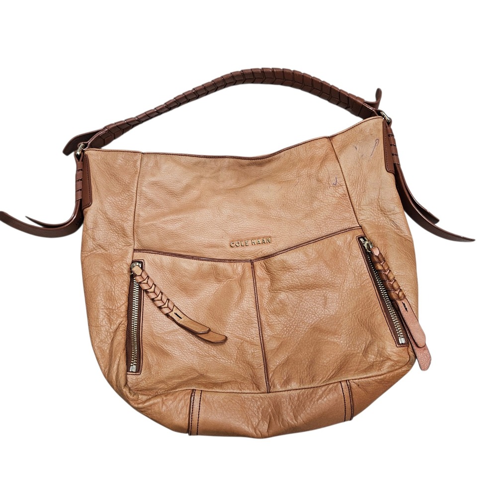 Cole Haan Tan Leather Hobo Bag Braided Strap Large Shoulder Bag‎ Brown